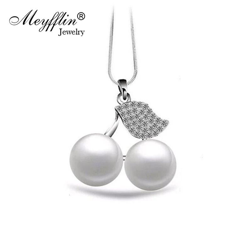 

Fashion Simulated Pearl Long Necklace for Women Collares 2019 Silver Crystal Cherry Pendant Necklace Maxi Collier Jewelry