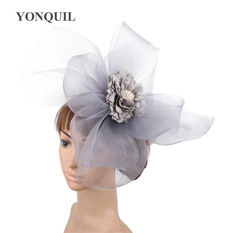 

2019 Vintage gray Ladies Mesh Flower Big Fascinator Hats Wedding Kenducky Derby Ascot Chapeau Bridal Tulle Occasion Headpiece