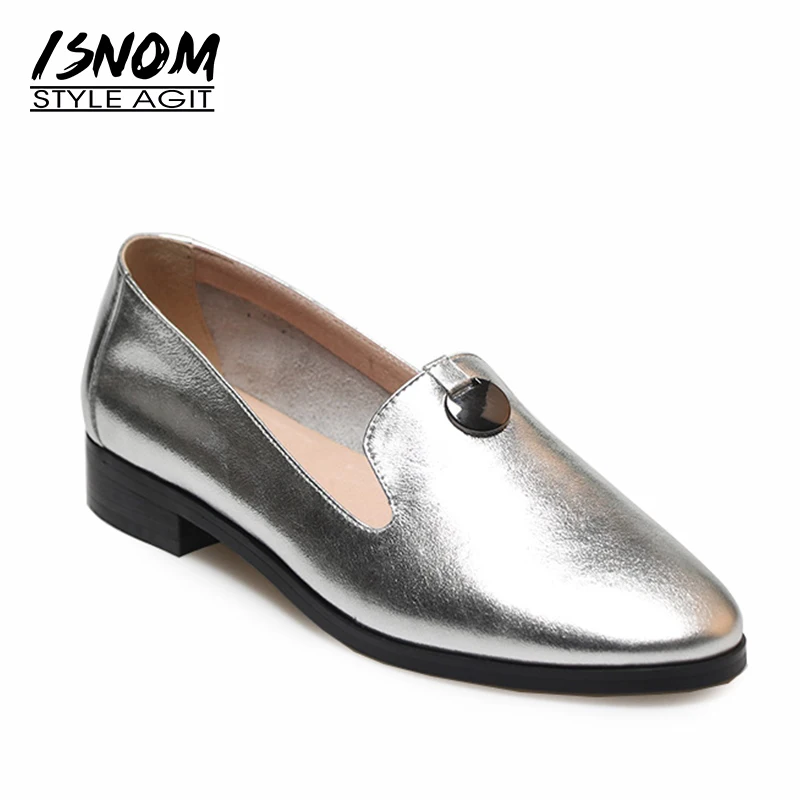 

ISNOM Gold Flats Women Round Toe Footwear Slip On Flat Shoes Female Genuine Leather Loafers Shoes Woman 2019 Quality