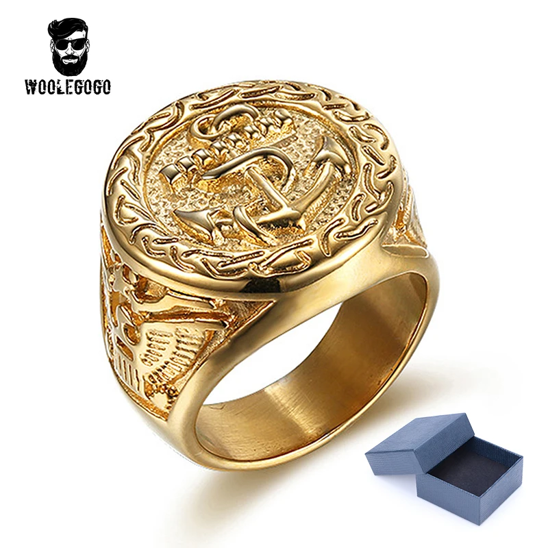 WooLeGoGo Punk Biker Anchor Signet Rings for Men 316L Stainless Steel Luxury Gold Rings Vintage Mens Jewelry Ring Bagues Homme