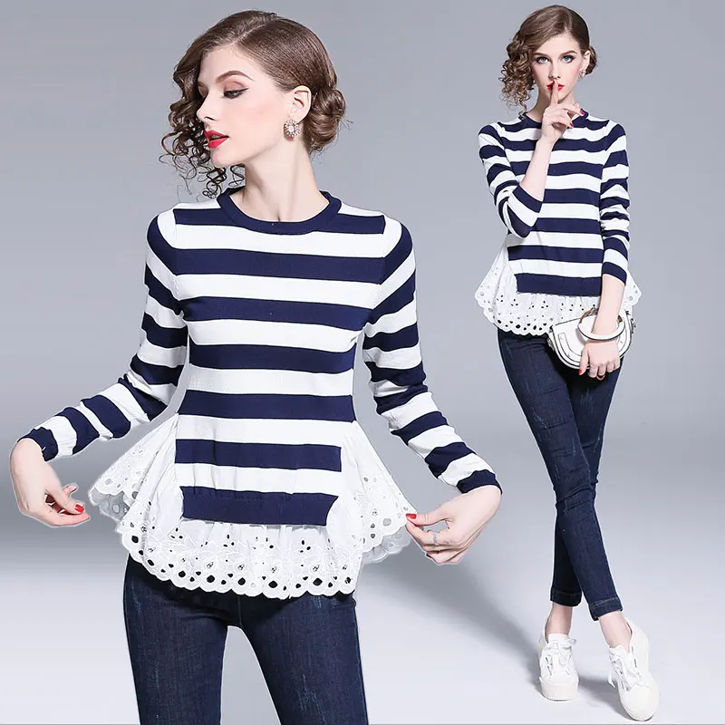 

Latest Fashion Design Long Sleeve Lace Trims Patchwork Knit Stripe Peplum Sweaters Blouse Lady Simple Casual Ruffles Sweater Top