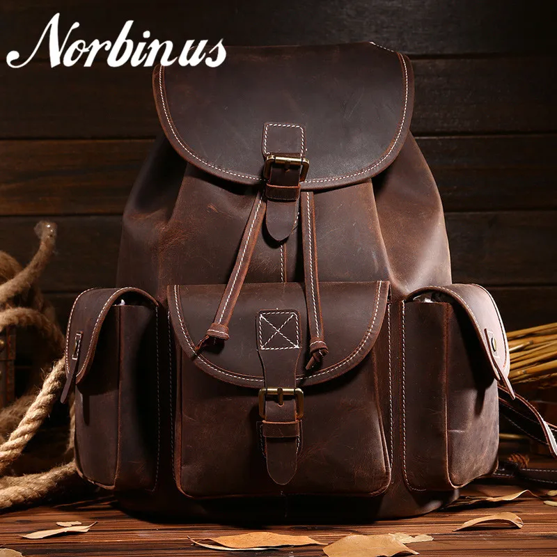 

Norbinus Men Genuine Leather Backpacks Real Cowhide Travel Bagpack Rucksack Male Computer Backpacks School Bag for Teenager Boys