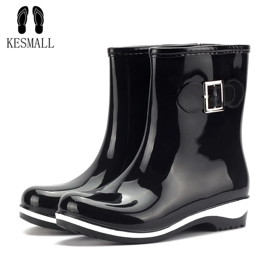 

KESMALL Women PVC Waterproof Rain Boots British Girl's Platform Anti-slip Rain Shoes Sweet Buckle Women Soft Casual Shoes WS290