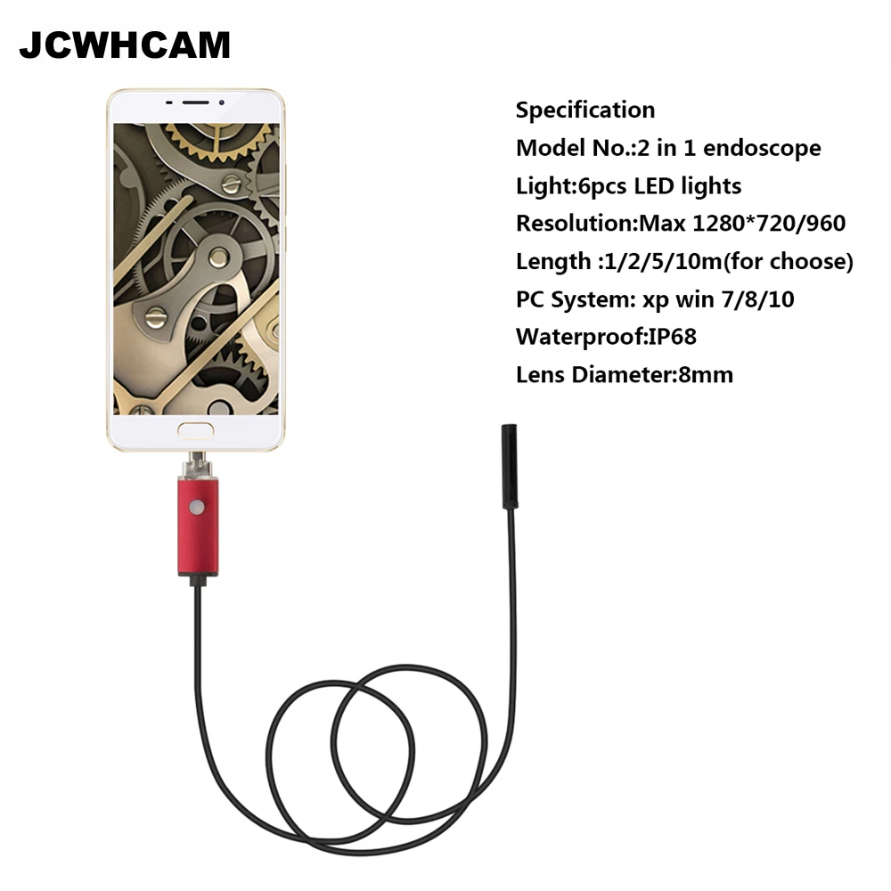 JCWHCAM оптовая продажа 8 мм 2 Мп м 5 10 1 USB Android эндоскоп камера IP68 водонепроницаемая