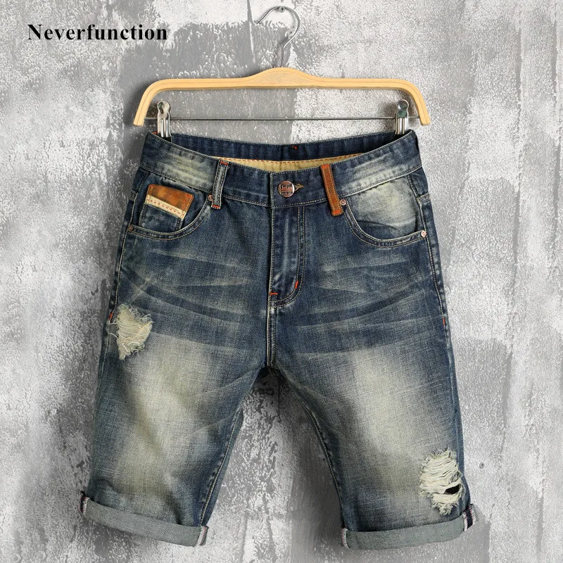 Summer New Men Leather stitching Ripped Straight Jeans Short Fashion Casual Holes Bermuda Retro Cargo Denim jogger shorts 38 40