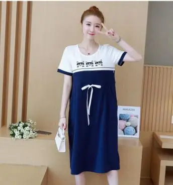 Hot Selling Short-sleeve Long Breastfeeding Dress 2019 Summer Korean Stitching Tether Nursing Dress for Pregnant Women QL8873