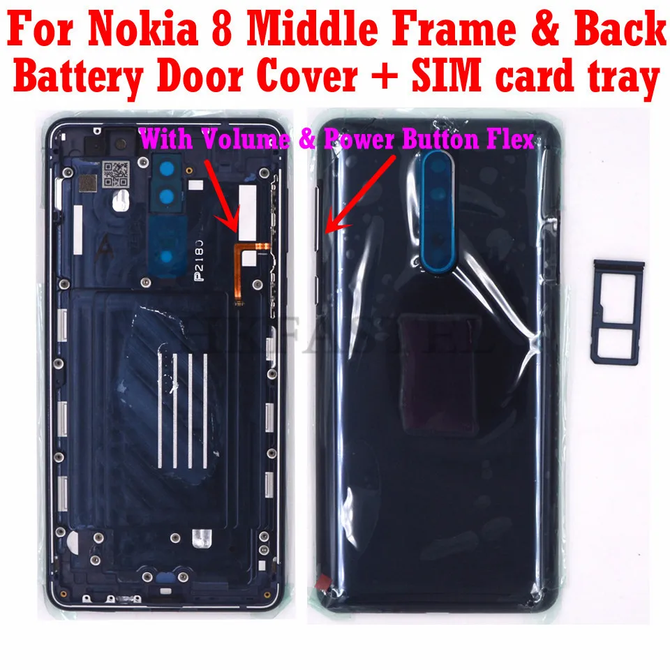 

For Nokia 8 Original Housing Mobile Phone Front LCD Frame Back battery door cover SIM card tray volume power key button flex