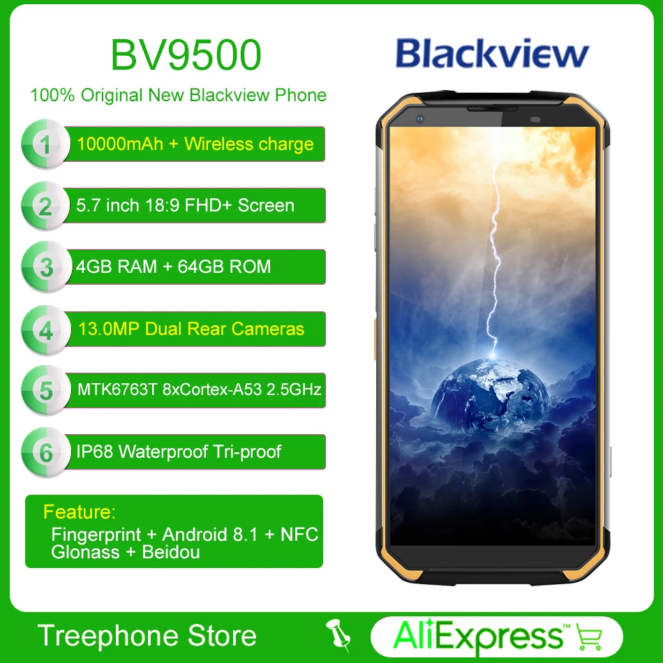 BLACKVIEW BV9500 IP68 водонепроницаемый 10000 мАч Смартфон Android 8 1 NFC Беспроводной зарядки 4 + 64