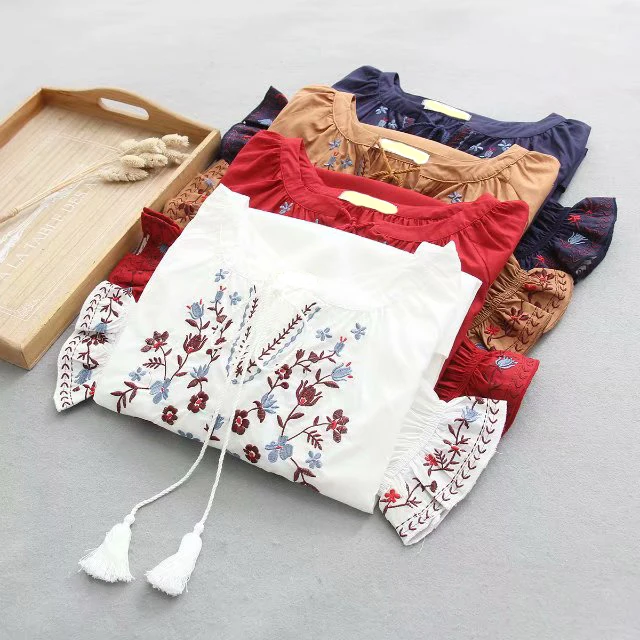 

2019 summer new folk style women blouse cotton flower embroidery loose flare sleeved lady shirts plus size all match shirts tops