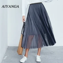 Модный гофрированный с сеткой юбки для женщин Весна Лето средней длины для женщин, с эластичным поясом Повседневная Элегантная Лоскутная юбка