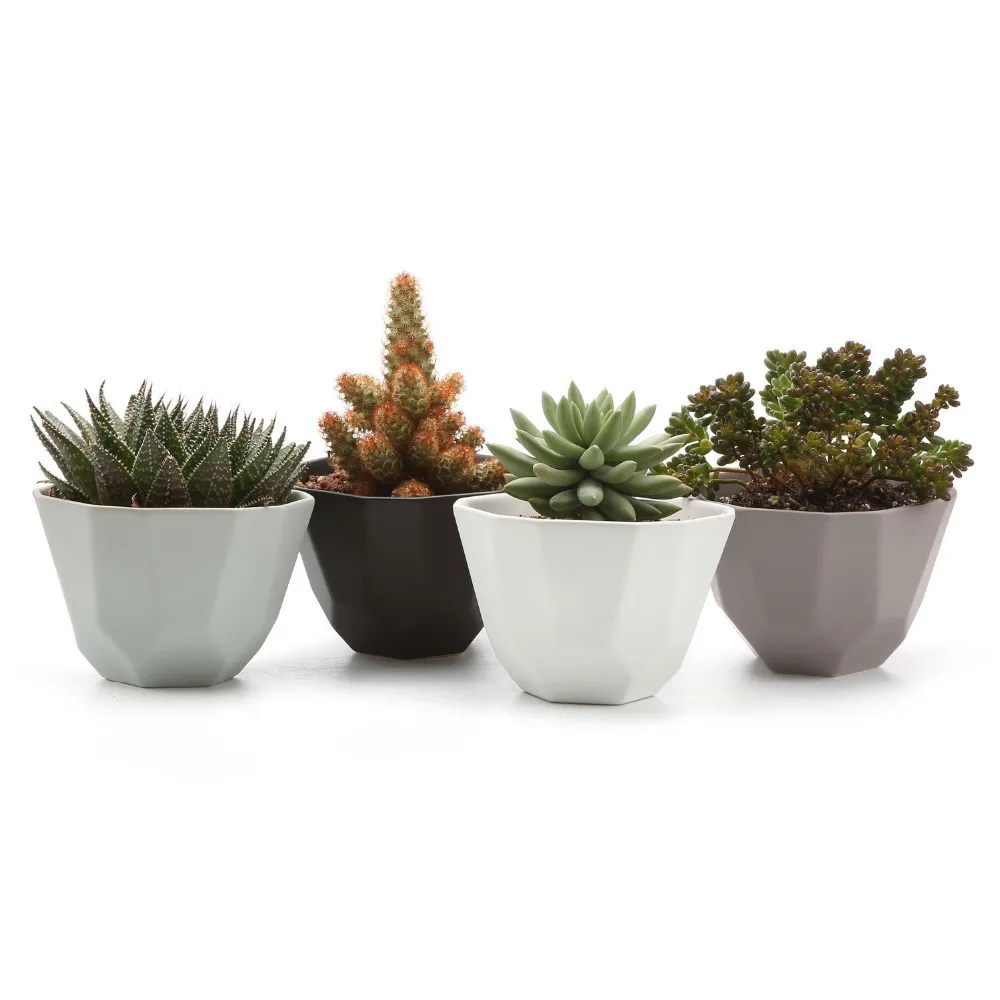 

Pack of 4 Ceramic Geometric Pattern Planters Matte Surface Flower Pot Succulent Plant Pot/Cactus Plant Pot 4 Colors