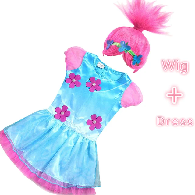 2017 Nuevo trolls peluca + vestidos disfraces infantiles para Niñas
