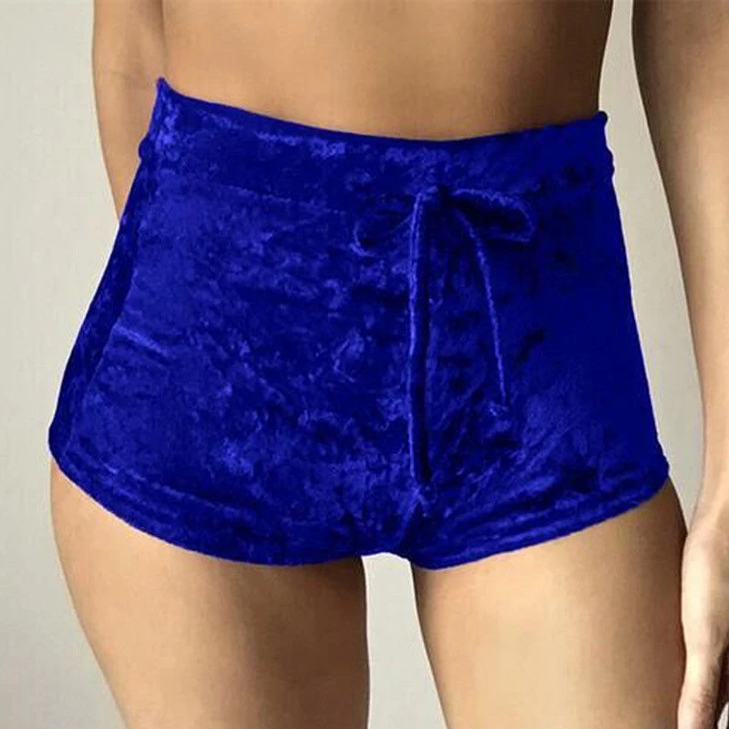 Женские новые модные сексуальные Однотонные эластичные шорты с высокой талией фланелевые кружевные летние шорты с завязками - Цвет: Синий