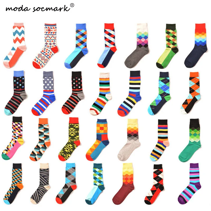 

Moda Socmark Brand Happy Socks Men Classic Geometry Striped Funny Socks Men Women 2019 Fashion Colour Cotton Long Couple Socks