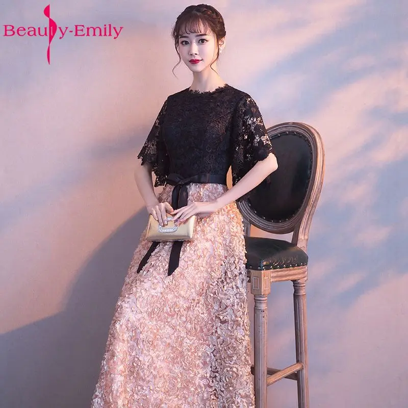 Beauty Emily Long Black Lace Evening Dresses 2017 Formal Party Occasion Prom Dresses A-line Half Sleeve vestido de noite Beauty Emily Long Black Lace Evening Dresses 2017 Formal Party Occasion Prom Dresses A-line Half Sleeve vestido de noite