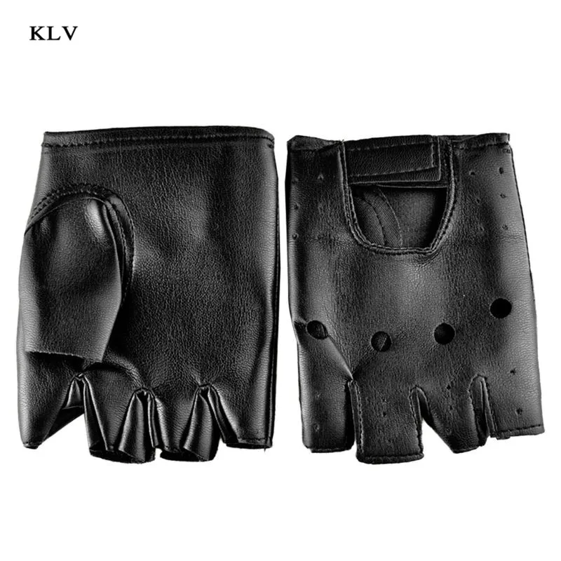 

Men Faux Leather Slip-Resistant Half Finger Fingerless Gloves Hand Wrist Mittens Hollow Out Black Driving Motorcycle Unlined