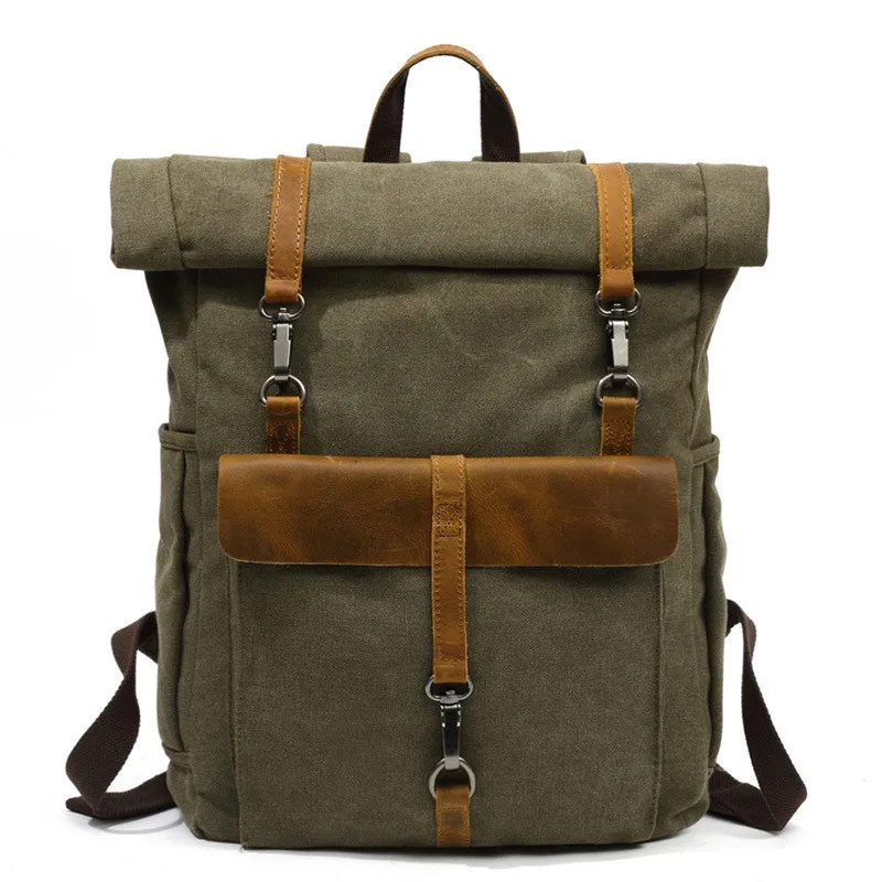 Men's Waxed Canvas Laptop Backpack Waterproof Rustic Wax Canvas Leather
