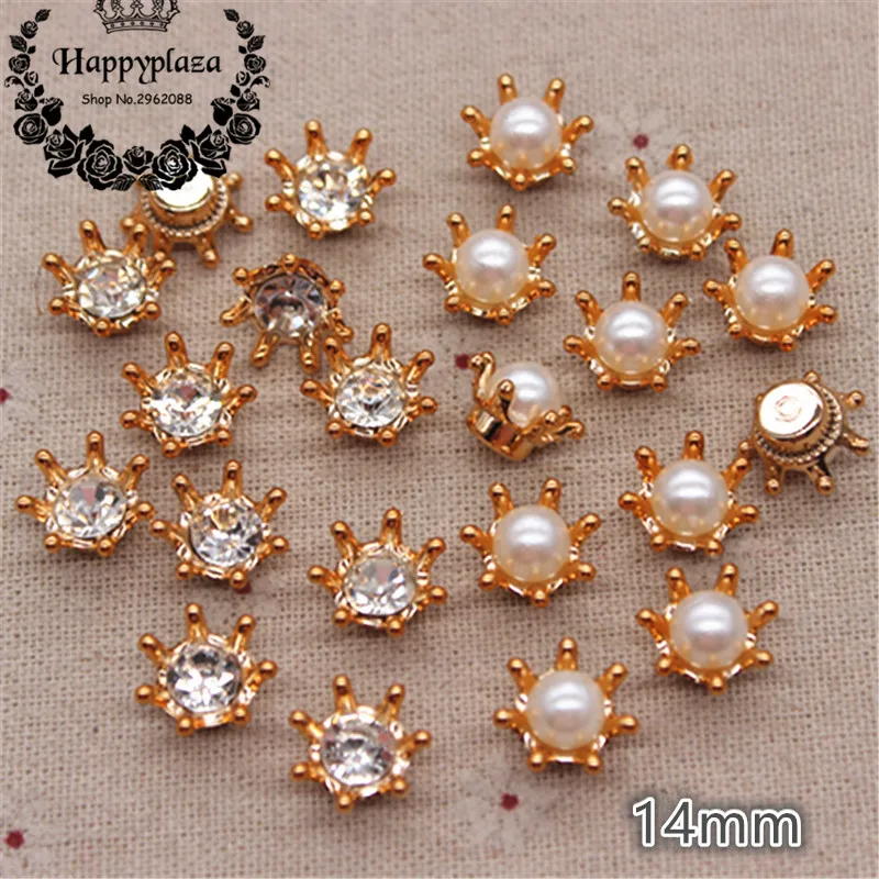 

50PCS 14mm Golden Flower Pearl/Rhinstone Plastic Flatback Button Decoration Sewing Craft Scrapbook Accessories