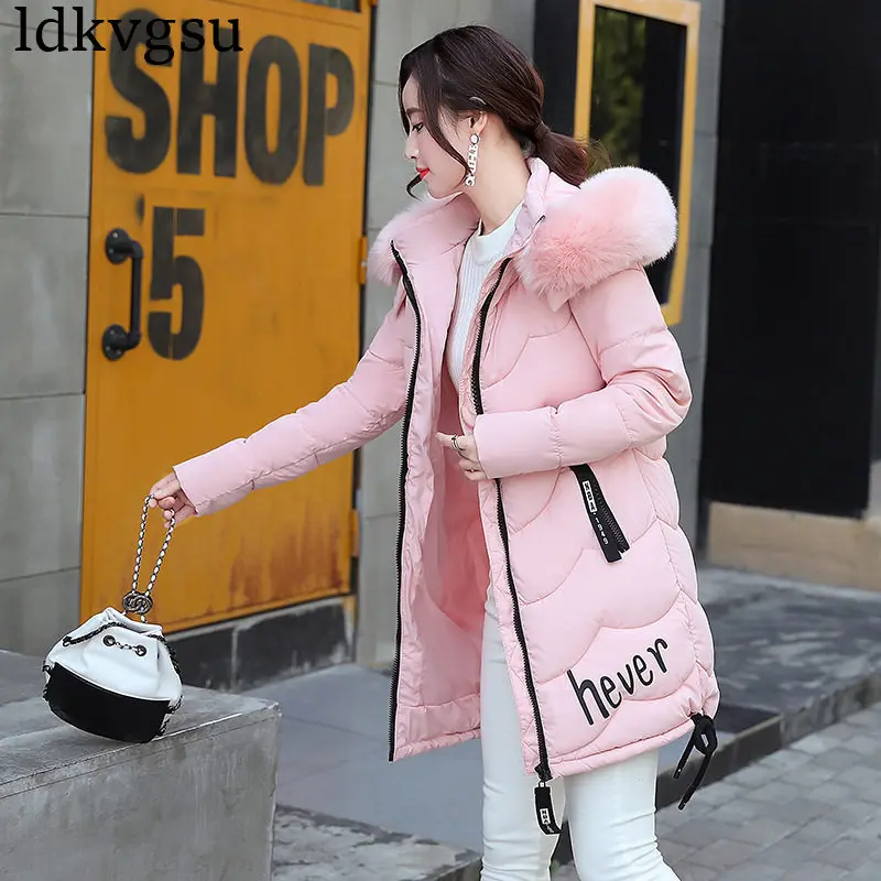 Новинка, осенне-зимнее хлопковое пальто для женщин, тонкая верхняя одежда, средней длины, стеганые куртки с толстым мехом, с капюшоном, ватные теплые парки, зимние A908 - Цвет: pink