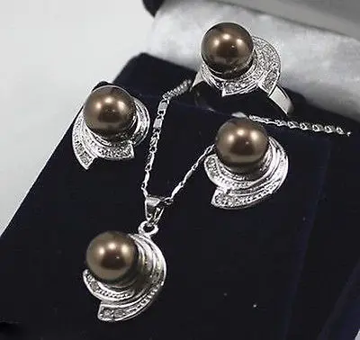 

10mm Brown South Sea shell pearl pendant Necklace Earring Ring>>18K GP Plated gold Bridal wide watch wings queen JEWE