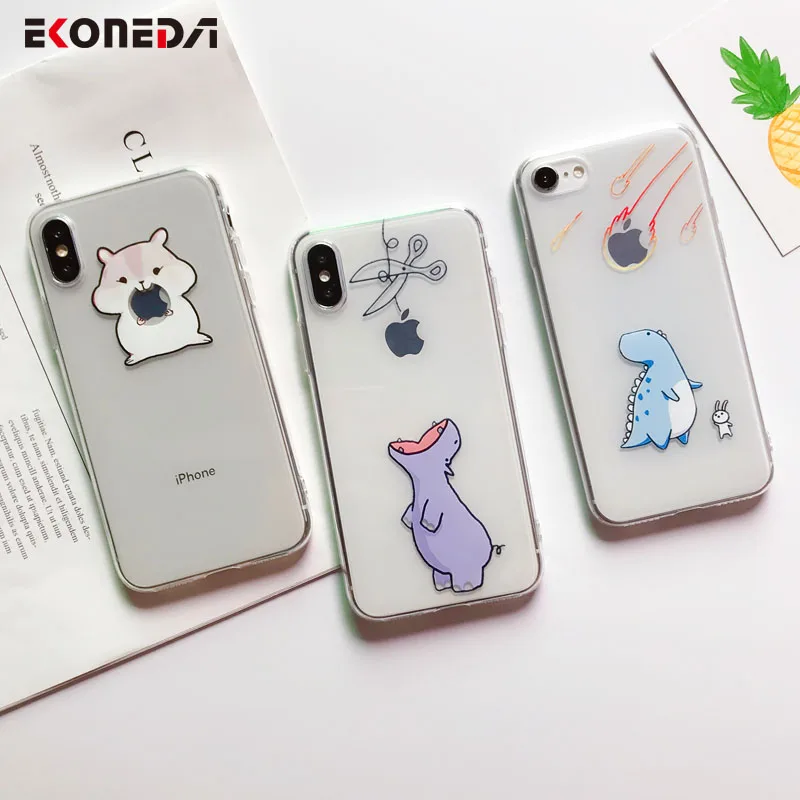 EKONEDA Silicon Funny Cartoon Animal For iPhone XS Max X 7 6S Case Transparent Cat Dinosaur Spoof Logo For iPhone 7 8 6S 6 Case