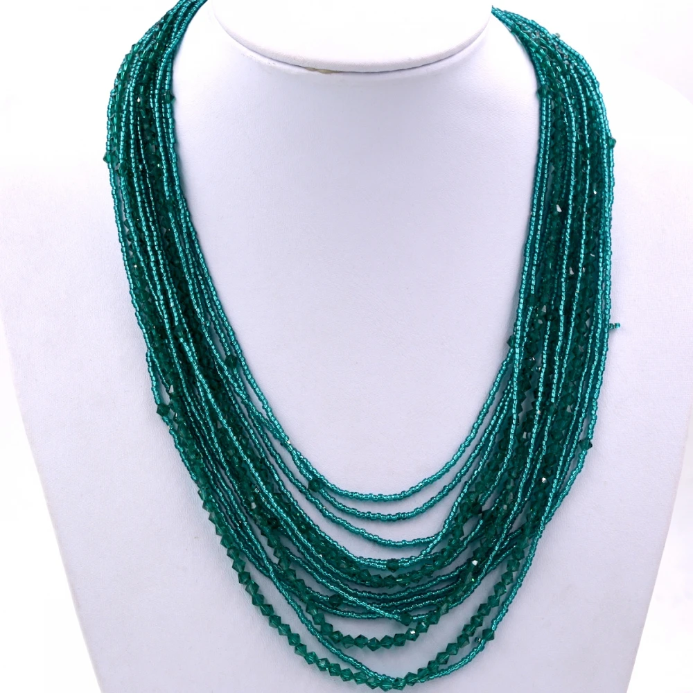

Exclusive Handmade 14 layer bicone crystal with green Czech seed beads statement Necklace Fashion Women Jewelry Gift