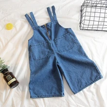 Весенняя детская одежда Широкие штаны для мальчиков и девочек Однотонные хлопковые джинсовые комбинезоны на молнии