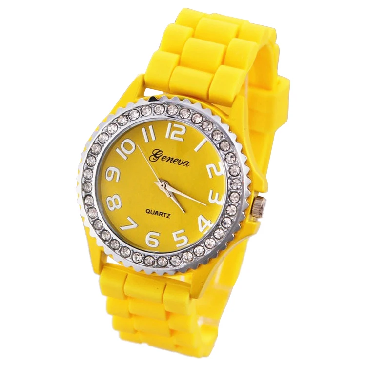 

Geneva Platinum CZ Accented Silicon Link Watch Large Face Applied Yellow
