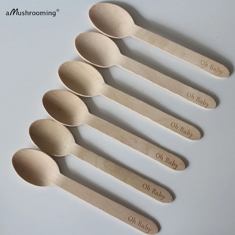 x25 Personalized Wooden Dessert Spoons Baby Shower Utensils Mason Jar