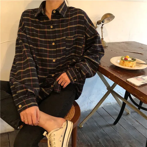 Kopen Eenvoudige Vintage Plaid Losse Hele Wedstrijd Koreaanse Stijl College Wind Mode Vrouwelijke Vrouwen Lange Mouw Shirts