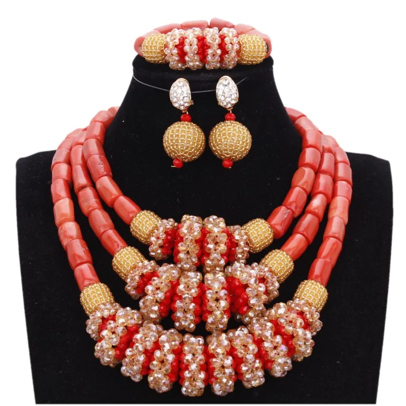 Dudo нигерийские бусы ожерелье серьги набор африканские оригинальные Коралловые бусы ювелирный набор с золотыми красными большими шариками свадебный ювелирный набор