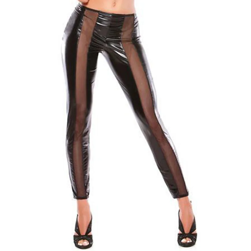 2017 New Women Sexy Faux Leather Mesh Patchwork Legging Party Pu 