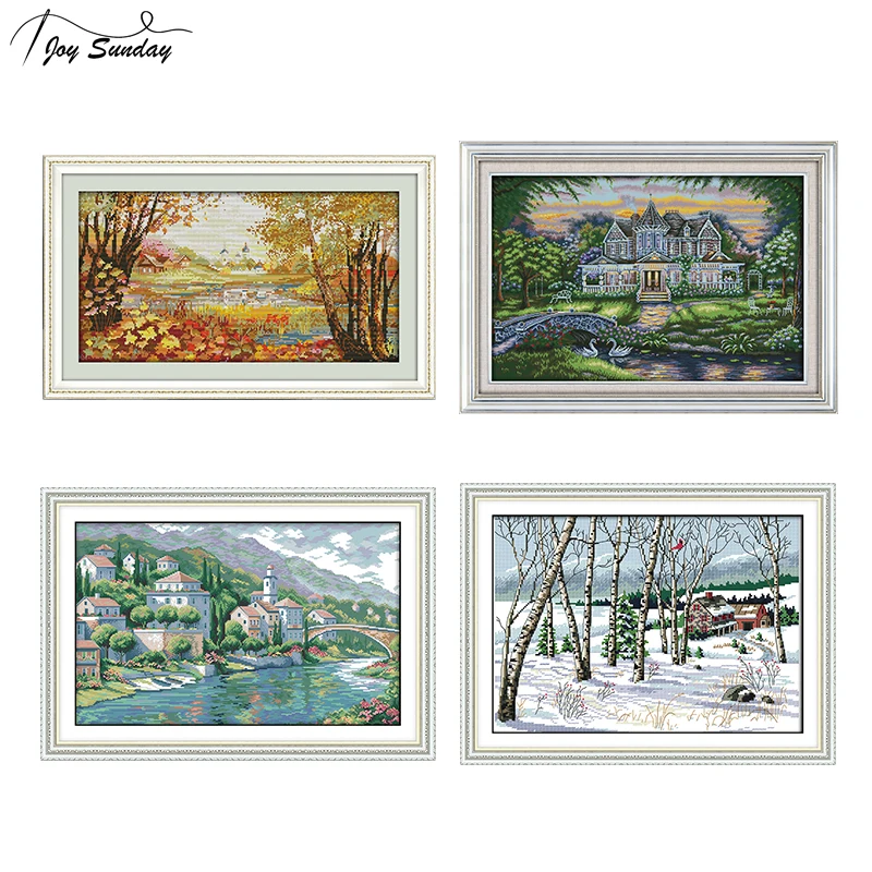 

Joy Sunday Autumnal Scenery Cross Stitch Fabric Aida Printed Canvas Embroidery Kit 14ct Counted DMC DIY Handmade Needlework Sets