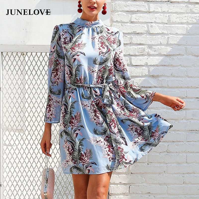 

JuneLove Sweet A-Line Floral Print Mini O-Neck Women Spring Dress Chiffon Backless Elegant Lady Dress Casual Beach Short Dress