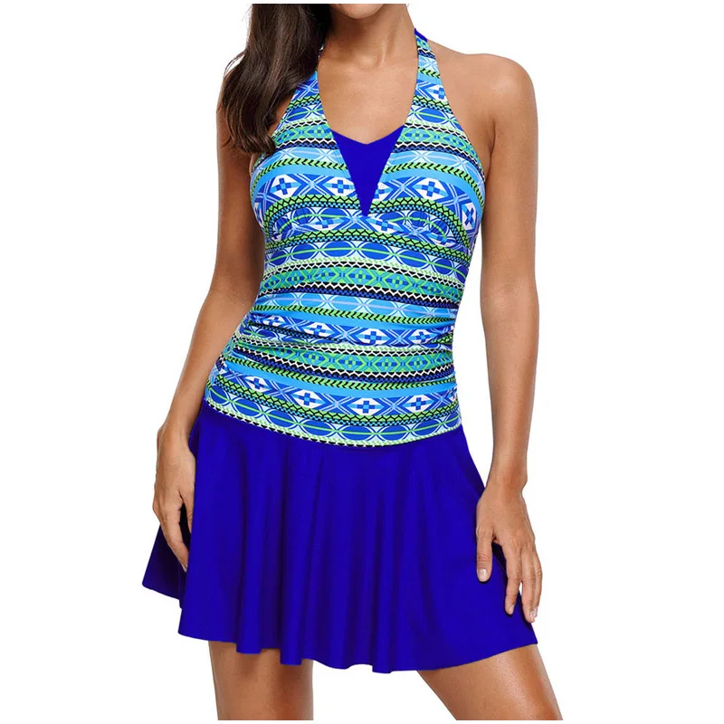 

Adogirl One Piece Swimdress Vintage Print Halter Swimsuit Plus Size Backless Ruffle Womens Swimming Suits Summer Beach Swimwear