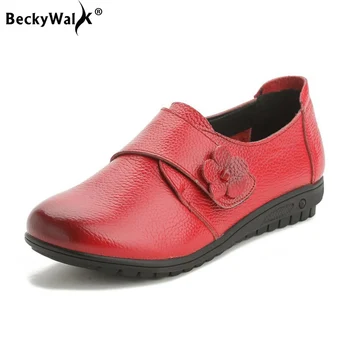 

BeckyWalk New Fashion Flowers Women Shoes Autumn Genuine Leather Flats Shoes Women zapatos de mujer Large Size 42 43 WSH2999
