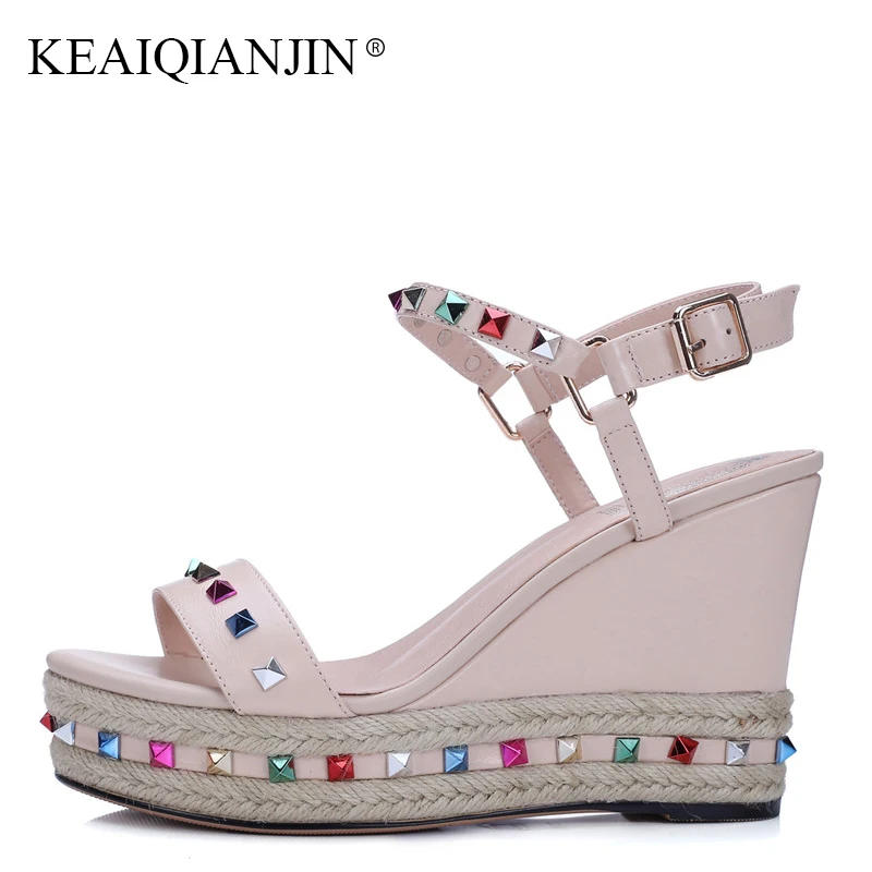 

KEAIQIANJIN Woman Genuine Leather Crystal Open Toe Sandals Fashion Sexy Pink High Heels Shoes Summer Wedges Peep Toe Sandals