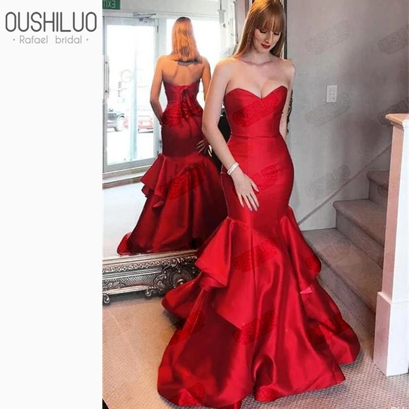 

2019 Red Mermaid Prom Dresses Gown Pretty Sweetheart Tiered Ruffles Sleeveless Sweep Train Party Long Evening Dress Customized