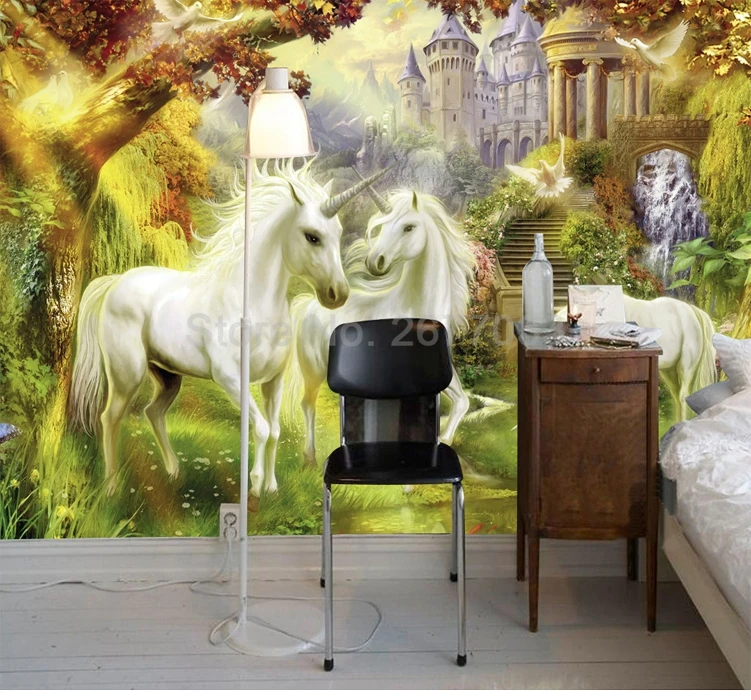 Заказ росписи стены тканью Водонепроницаемый обои лес Единорог Европейский Стиль Гостиная Спальня декоративные обои для стен 3D