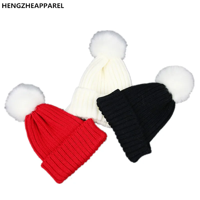 Hot autumn winter knit wool baby hat Korean children solid color candy color cap with ball top girls warm beanies head wear