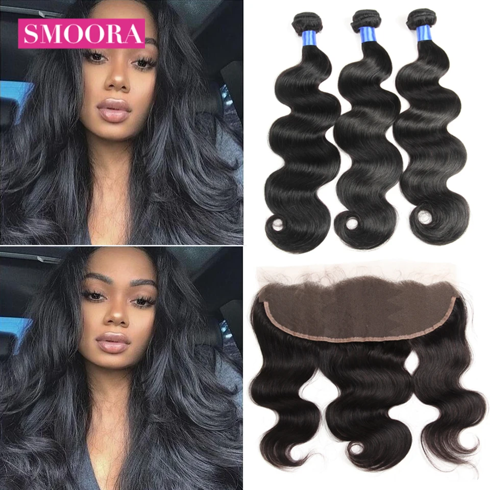 Brazilian 3 Bundles Body Wave with Lace Frontal Ear to Ear Free Part Closure with Baby Hair Human Bundle with Frontal Smoora Brazilian 3 Bundles Body Wave with Lace Frontal Ear to Ear Free Part Closure with Baby Hair Human Bundle with Frontal Smoora