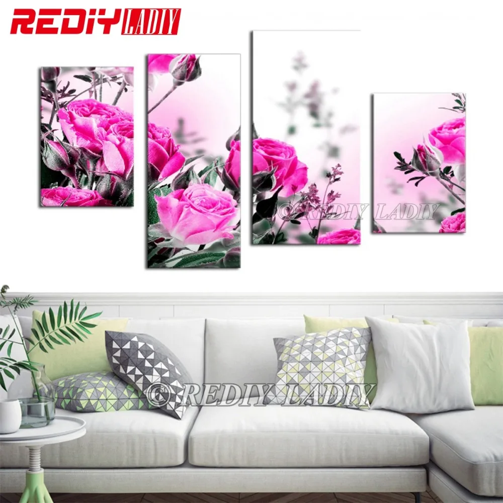 

REDIY LADIY 5D Diamond Embroidery Triptych Crystal Full Square Diamond Painting Mosaic Flowers Wall Art 4 Panels Modular Picture