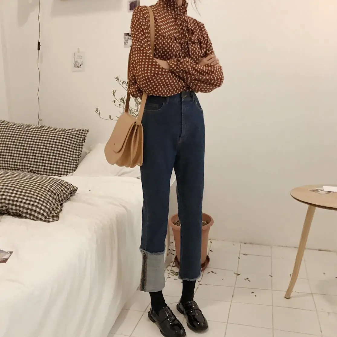 

Asymmetrical Straight Jean Pants Women Office Lady High Waisted Jeans Washed Harajuku Denim Pants