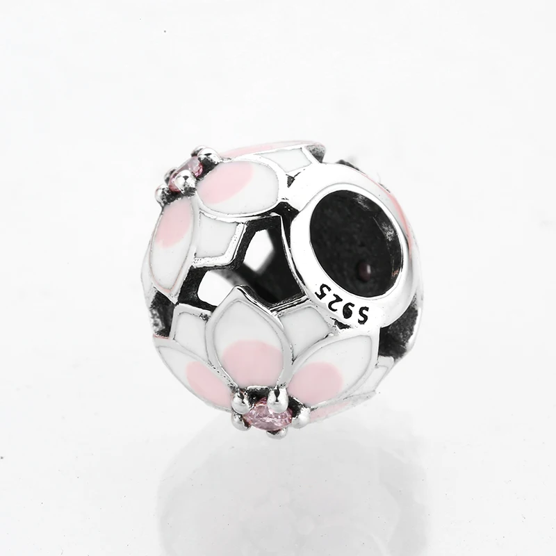 Authentic 925 Sterling Silver Pink Enamel Magnolia Flowers beads Fit Original Pandora Charm Bracelet Jewelry making