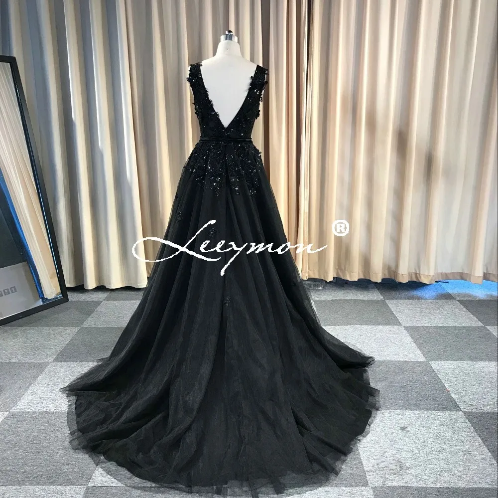 Leeymon На Заказ Sexy Backless Beading Appliques Party Dress Длина До Пола Платье Выпускного Вечера Черныйой спиной, вечернее платье с аппликацией длиной до пола, черное платье для выпускного вечера