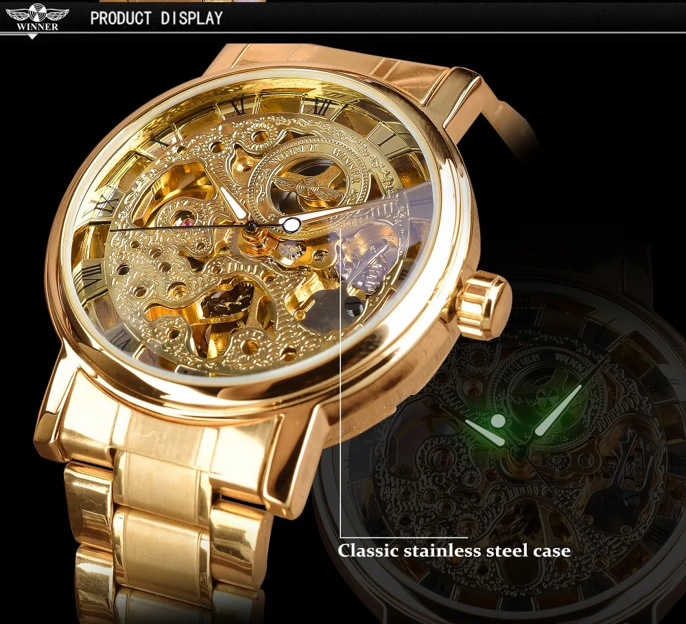 Winner роскошные королевские золотые мужские механические наручные часы из нержавеющей стали лучший бренд Роскошные мужские часы с каркасом Montre Homme