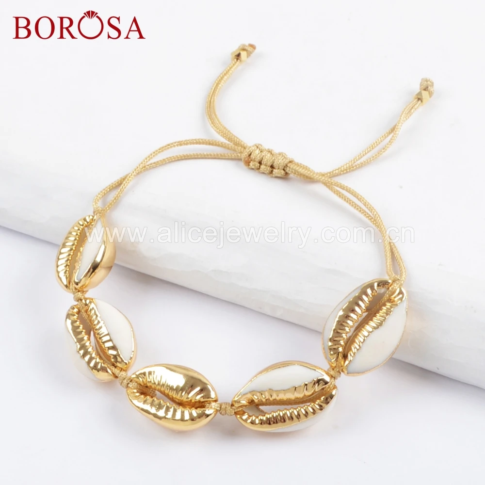

BOROSA 5PCS Wholesale Handmade Five Natural Cowrie Shell Adjustable Rope Bracelet Gold Edged Shell Friendship Bracelets HD0016