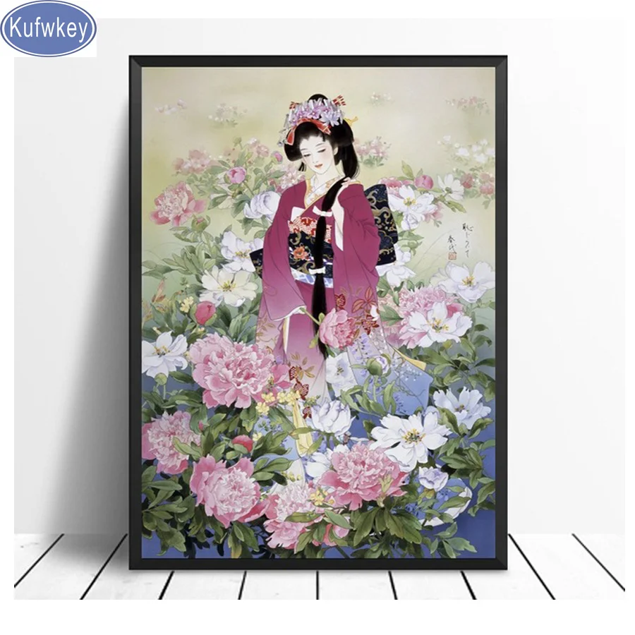 Kufwkey японская картина Geisha 5d алмазная diy полностью квадратная/круглая Женская 3d