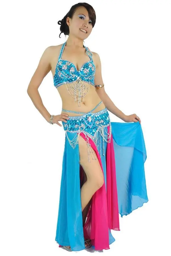 Высококачественный костюм для танца живота, комплект из 2 предметов: бюстгальтер и пояс, размер бюстгальтера: 34B/C, 36B/C, 38B/C, 40B/C, 12 цветов - Цвет: Light blue
