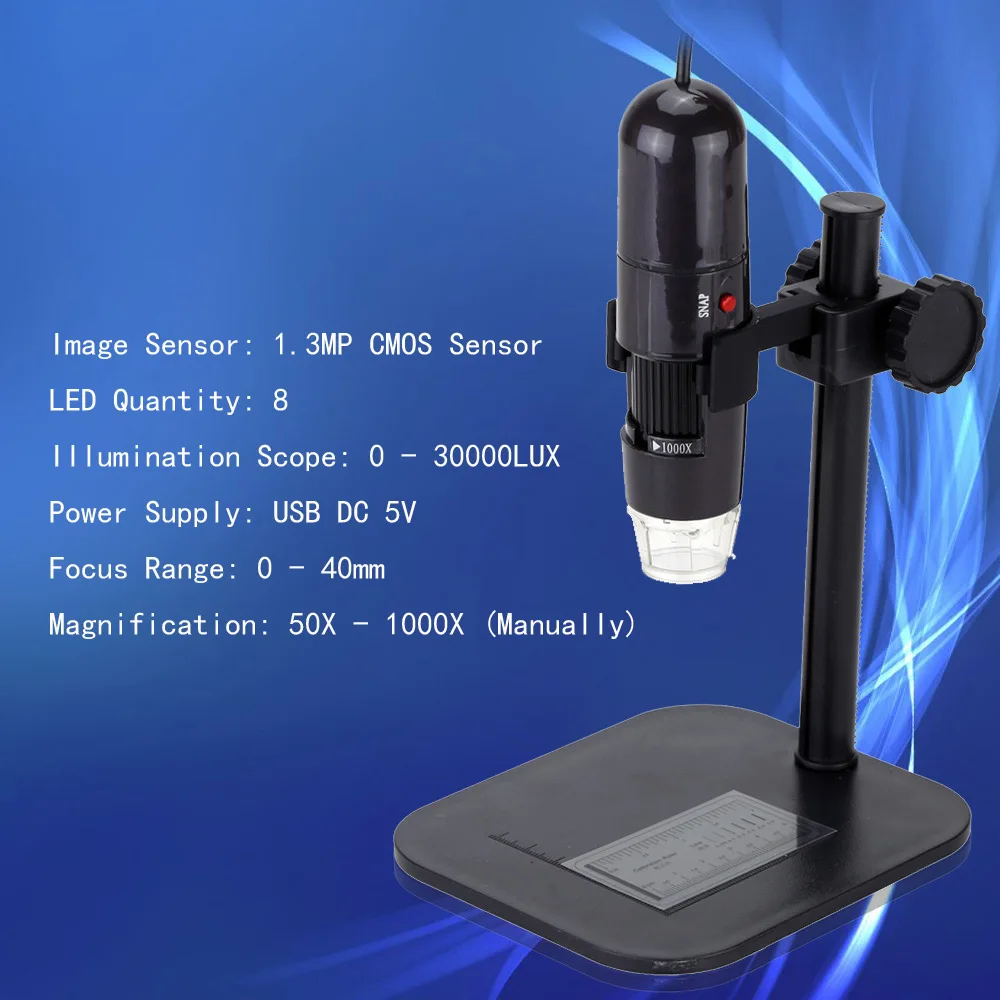 

50-1000X 8LED USB Digital Microscope Zoom Endoscope Magnifier with Adjustable Stand True 1.3MP Video Camera Microscopio USB